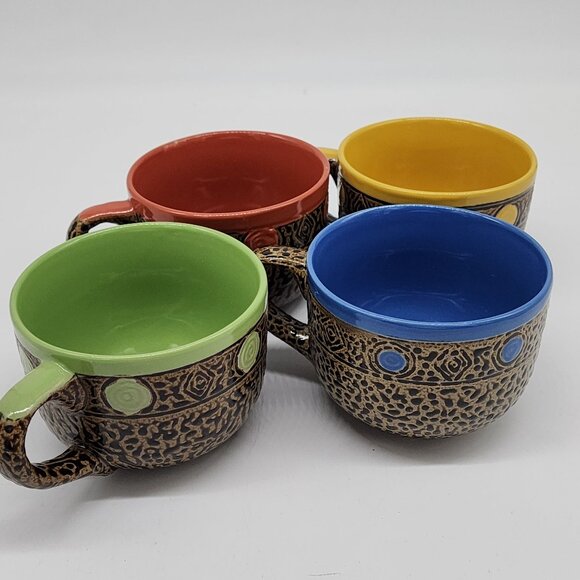 Set Of 4 Always Azul Pottery Mugs With Colorful Interiors Dots - Picture 2 of 7